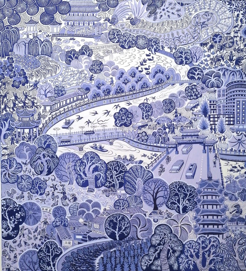 农民画《母亲河畔鱼米香》73cmx80cm，作者：贾金亮，报价：1500元，收价：1000元
